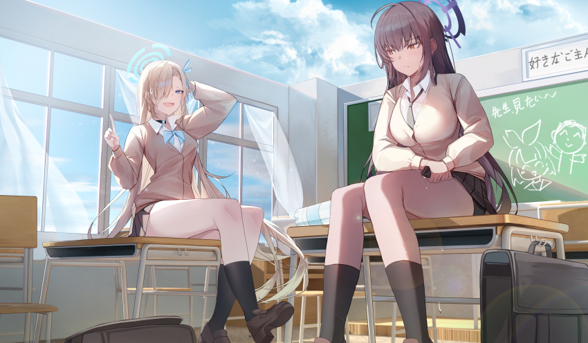 2girls absurdres alternate_costume arms_up asuna_(blue_archive) bag black_bag black_hair black_socks blue_archive blue_halo blue_sky breasts brown_footwear brown_jacket chair chalkboard classroom closed_mouth cloud commentary curtains desk hair_over_one_eye halo hand_up highres holding index_finger_raised jacket karin_(blue_archive) large_breasts loafers long_hair long_sleeves looking_at_another looking_at_viewer multiple_girls on_table one_eye_covered open_mouth outdoors pleated_skirt purple_halo school_bag school_chair school_desk school_uniform shirt shiwa_(jired1234) shoes sitting skirt sky smile socks sweat table thighs wet wet_clothes wet_shirt window