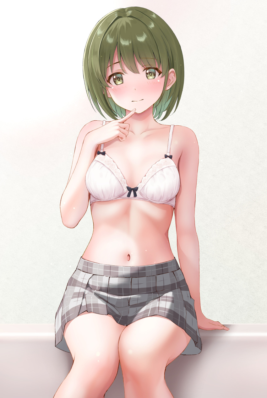 1girl absurdres arm_support bare_legs blush bra breasts ca_paria collarbone feet_out_of_frame green_eyes green_hair grey_skirt highres idolmaster idolmaster_shiny_colors light_smile looking_at_viewer nanakusa_nichika navel plaid plaid_skirt pleated_skirt short_hair sitting skirt small_breasts solo stomach underwear white_bra