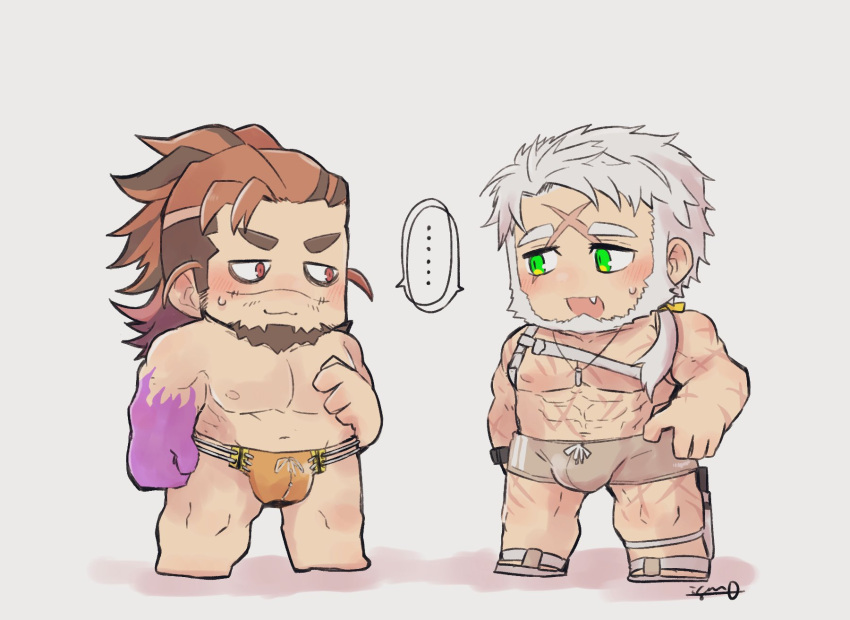 2boys bags_under_eyes bara beard boogeyman_(housamo) bullet_necklace colored_skin cross_scar facial_hair fangs goatee green_eyes highres igarashi_(igarashi_ta) kresnik_(housamo) male_swimwear mature_male multicolored_hair multiple_boys muscular muscular_male orange_male_swimwear purple_skin red_eyes scar scar_on_face scar_on_forehead sideburns sideburns_stubble stubble tokyo_afterschool_summoners two-tone_hair