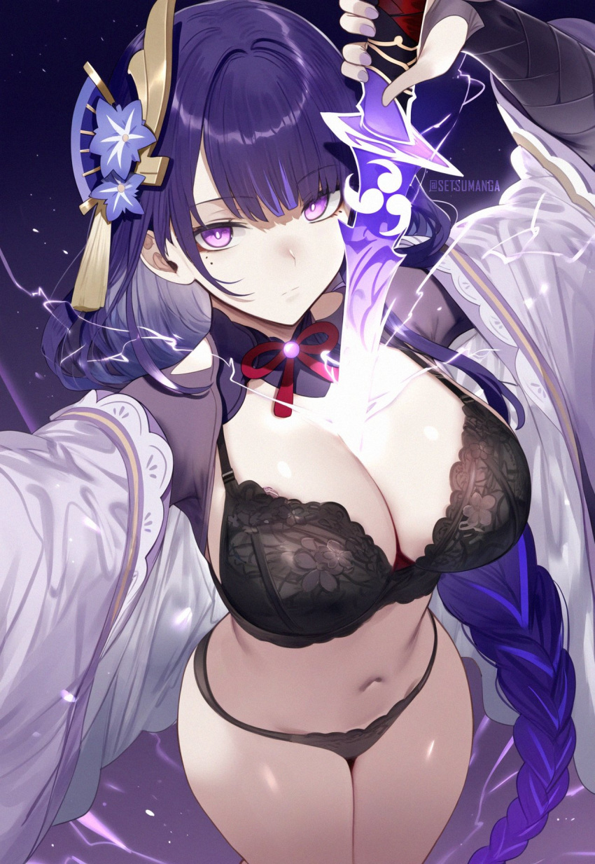 1girl black_bra black_panties bra braid breasts commentary electricity english_commentary genshin_impact hair_ornament highres human_scabbard large_breasts lingerie long_hair mole panties purple_background purple_eyes purple_hair raiden_shogun setsuaiart sword underwear very_long_hair weapon