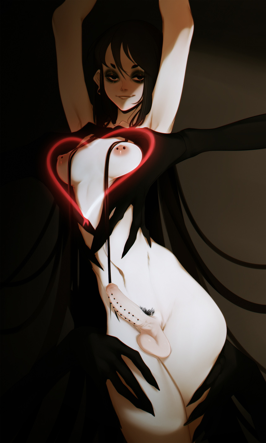 1girl absurdres arms_up black_eyes black_eyeshadow black_hair breasts completely_nude crossed_legs disembodied_limb erection eyeshadow feet_out_of_frame female_pubic_hair futanari half-closed_eyes heart highres horror_(theme) host_(obj_shep) long_hair looking_at_viewer makeup navel nipple_bar nipple_piercing nipples non-web_source nude obj_shep original pale_skin penis piercing pubic_hair simple_background skinny small_breasts smile solo sparse_pubic_hair standing straight_hair testicles very_long_hair