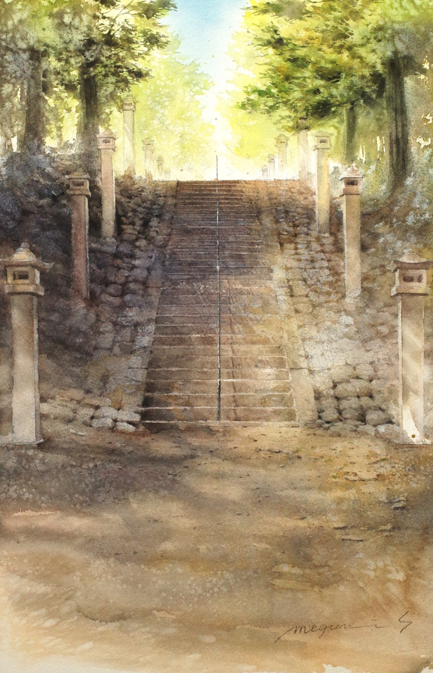 blue_sky dappled_sunlight day forest highres nature no_humans original painting_(medium) path railing scenery shadow shimizu_megumi_(m_acquerello) sky stairs stone_lantern sunlight tiles traditional_media tree tree_shade watercolor_(medium)