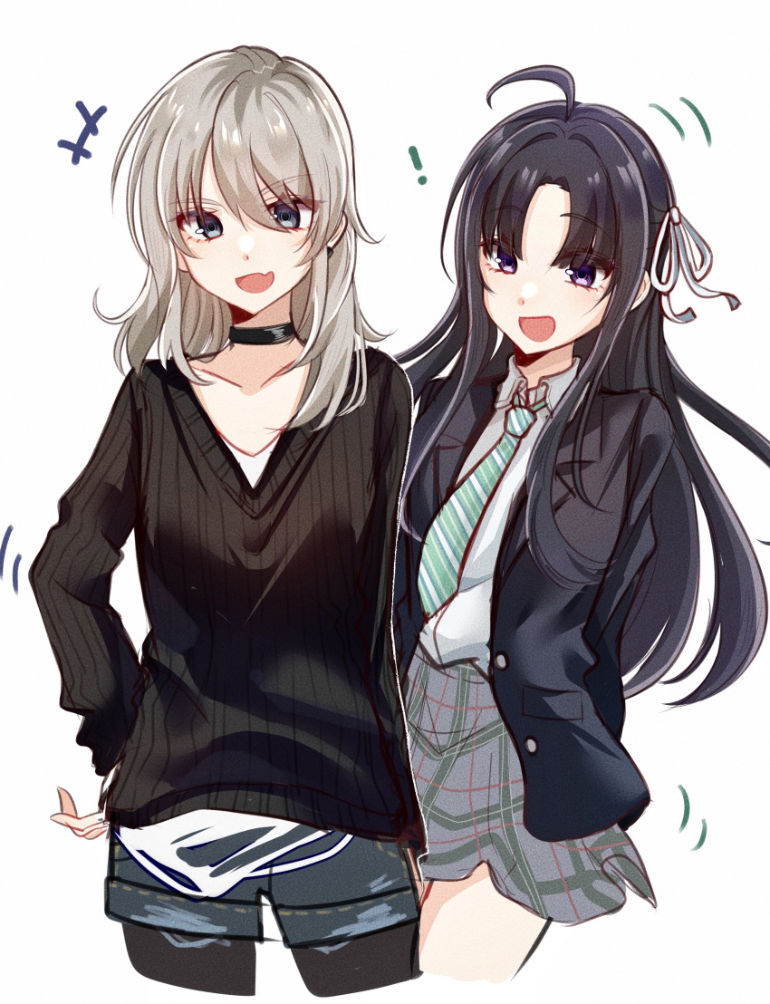 ! +++ 2girls absurdres ahoge awa_subaru black_choker black_hair black_jacket black_sweater blue_eyes blue_shorts choker collarbone collared_shirt cowboy_shot cropped_legs diagonal-striped_clothes diagonal-striped_necktie dress_shirt earclip girls_band_cry green_necktie grey_eyes grey_hair grey_skirt hair_between_eyes hair_ribbon hand_on_own_hip highres jacket kawaragi_momoka long_hair long_sleeves multiple_girls necktie open_clothes open_jacket open_mouth pantyhose_under_shorts parted_bangs plaid plaid_skirt ribbon royyy999 shirt shorts sidelocks skirt striped_clothes sweater white_background white_ribbon white_shirt