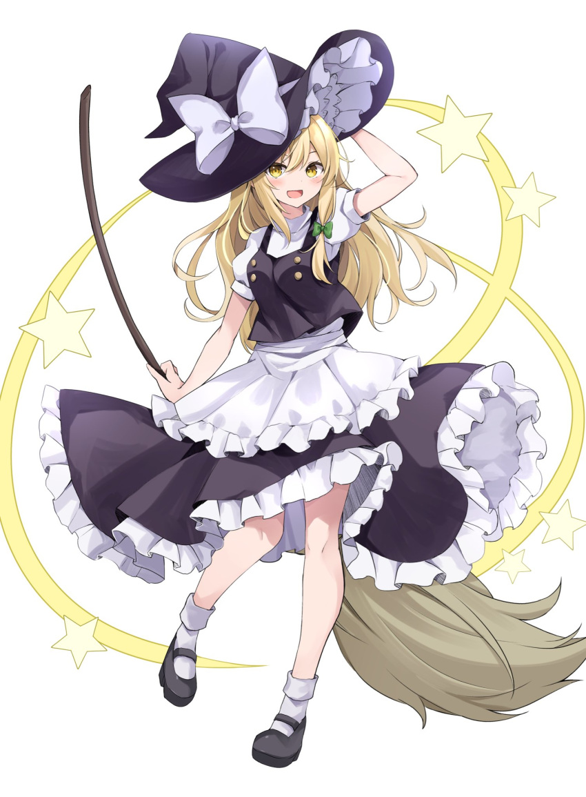 1girl apron black_skirt black_vest blonde_hair blush bow broom commentary_request green_bow hair_bow hat hat_bow highres holding holding_broom hyurasan kirisame_marisa long_hair looking_at_viewer open_mouth puffy_short_sleeves puffy_sleeves short_sleeves skirt smile solo star_(symbol) touhou vest waist_apron white_apron white_bow witch_hat yellow_eyes