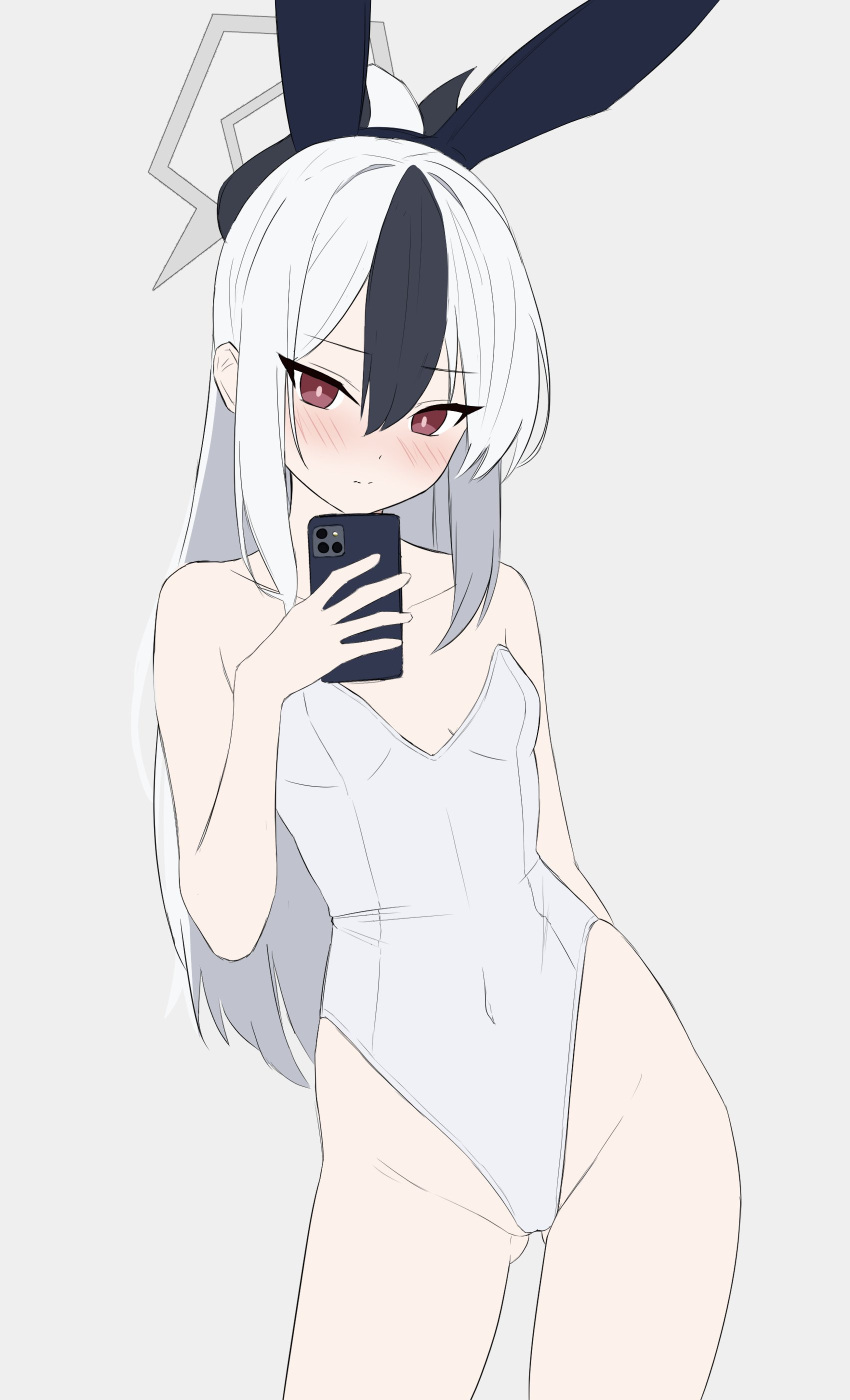 1girl absurdres alternate_costume animal_ears arm_behind_back ass_visible_through_thighs bare_shoulders black_hair blue_archive blush breasts bright_pupils cameltoe cellphone covered_navel cowboy_shot double-parted_bangs fake_animal_ears genso_(thereisnosauce) grey_background grey_halo hair_between_eyes halo hand_up highleg highleg_leotard highres holding holding_phone kayoko_(blue_archive) leotard long_hair phone playboy_bunny ponytail rabbit_ears red_eyes sidelocks simple_background small_breasts smartphone solo white_hair white_leotard