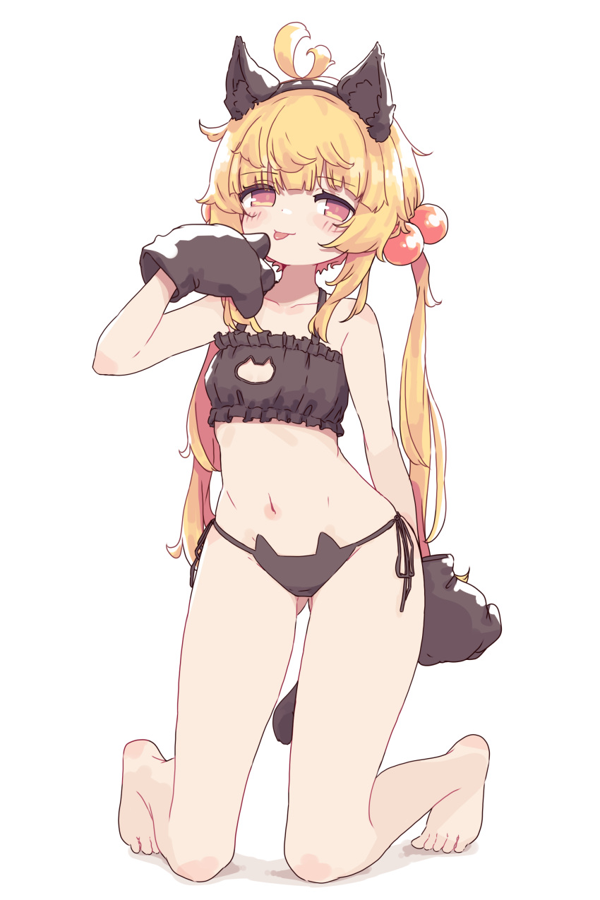 1girl absurdres animal_ears aoi_tori arm_behind_back bare_legs barefoot blonde_hair blush blush_stickers bra breasts brown_bra brown_panties cat_cutout cat_ear_panties cat_lingerie chieri-chan_(aoi_tori) cleavage cleavage_cutout clothing_cutout commentary fake_animal_ears full_body hand_up highres kneeling long_hair looking_at_viewer meme_attire navel orange_eyes original panties simple_background solo stomach tail toes tongue tongue_out twintails underwear white_background