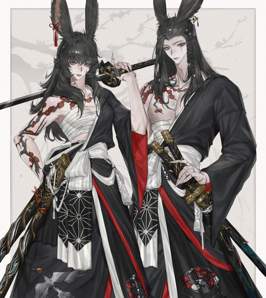 1boy 1girl absurdres animal_ears arm_tattoo black_hair black_kimono braid breasts chest_sarashi closed_mouth earrings final_fantasy final_fantasy_xiv fingernails hadanugi_dousa highres holding holding_sword holding_weapon index_finger_raised japanese_clothes jewelry katana kimono long_sleeves looking_at_viewer medium_breasts midriff_sarashi multiple_swords over_shoulder rabbit_ears red_eyes samurai_(final_fantasy) sarashi scar scar_on_hand sharp_fingernails sword tassel tassel_earrings tattoo tladpwl03 unsheathed viera warrior_of_light_(ff14) weapon weapon_over_shoulder white_nails wide_sleeves