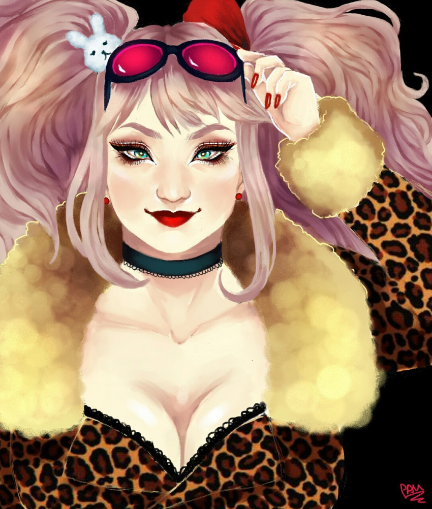 alternate_costume animal_print black_choker blonde_hair blue_eyes breasts choker cleavage cowboy_shot danganronpa_(series) danganronpa_3_(anime) earrings enoshima_junko eyewear_on_head fur-trimmed_jacket fur_trim highres holding jacket jewelry leopard_print lipstick long_hair long_sleeves makeup nail_polish official_alternate_costume paulimiel red_lips red_nails twintails