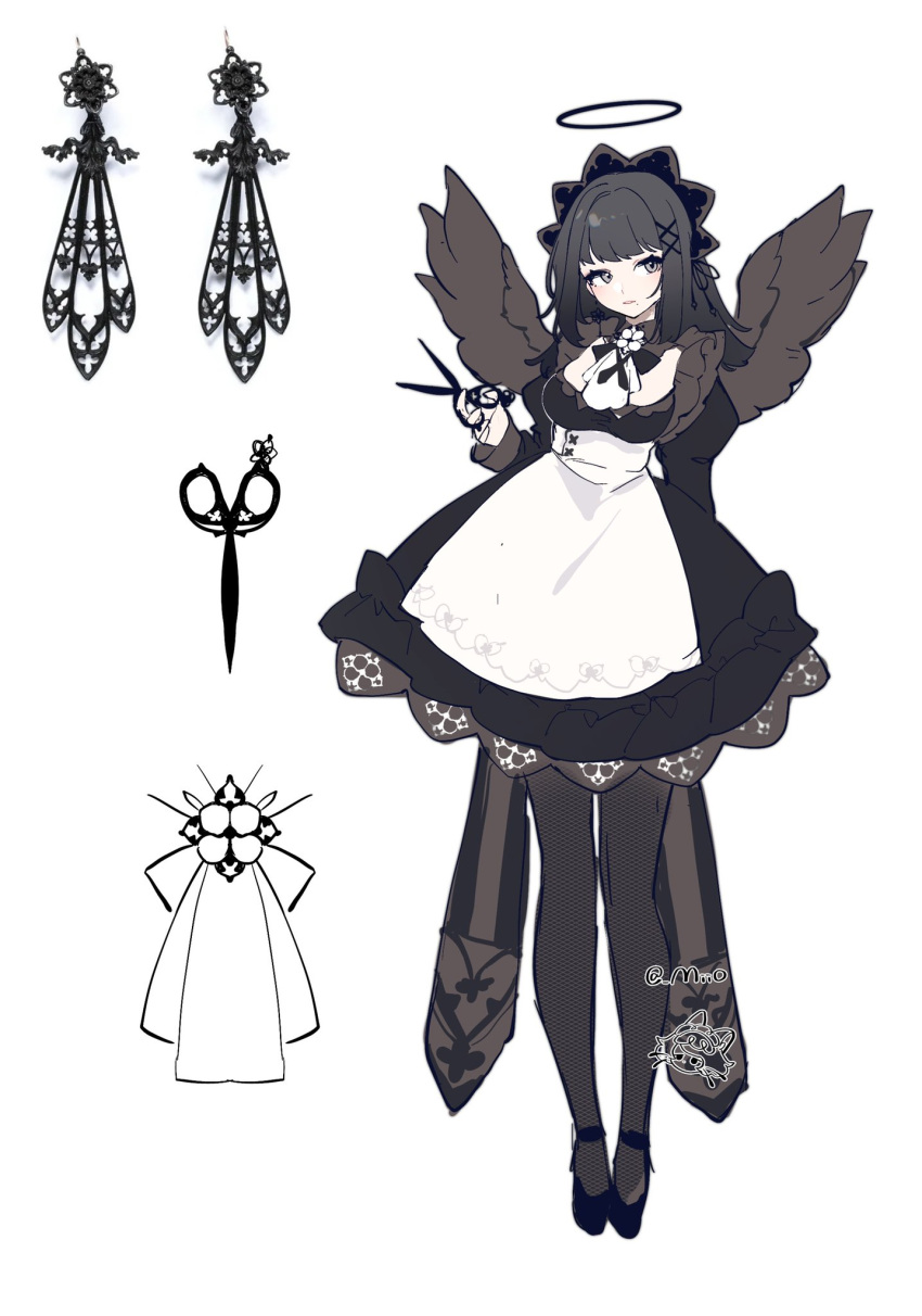 1girl angel angel_wings apron arin_(fanfan013) black_bow black_bowtie black_dress black_footwear black_hair black_halo black_headdress black_pantyhose black_skirt bow bowtie breasts brown_eyes chinese_commentary cleavage cleavage_cutout clothing_cutout collar collared_dress commentary_request dress expressionless eyelashes floral_print flower flower_brooch frilled_dress frills full_body goth_fashion grey_collar grey_wings hair_ornament hairclip halo highres holding holding_scissors juliet_sleeves large_breasts long_hair long_sleeves looking_to_the_side maid mole mole_under_mouth original pantyhose parted_lips puffy_sleeves reference_sheet scissors shoes short_dress skirt solo waist_apron white_apron white_flower wings x_hair_ornament