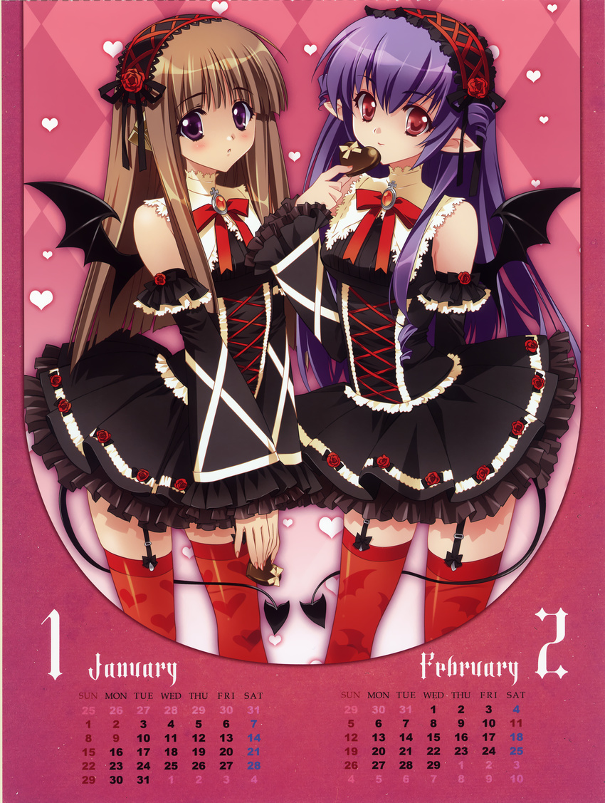 :o absurdres animal_print bangs bare_shoulders bat_print bat_wings blue_hair blush bow bowtie brown_hair calendar_(medium) carnelian chocolate corset cover cover_page cross detached_sleeves dress drill_hair embarrassed fairy_factory flower frills garter_straps gem gothic_lolita hairband heart heart_print highres holding lace lolita_fashion lolita_hairband long_hair looking_at_viewer multiple_girls nail_polish open_mouth pointy_ears print_legwear purple_eyes red_eyes red_legwear robot_ears rose scan seika_(fairy_factory) shiny shiny_hair short_dress sidelocks smile standing thighhighs touka_(fairy_factory) turtleneck twin_drills twintails valentine very_long_hair wide_sleeves wings zettai_ryouiki