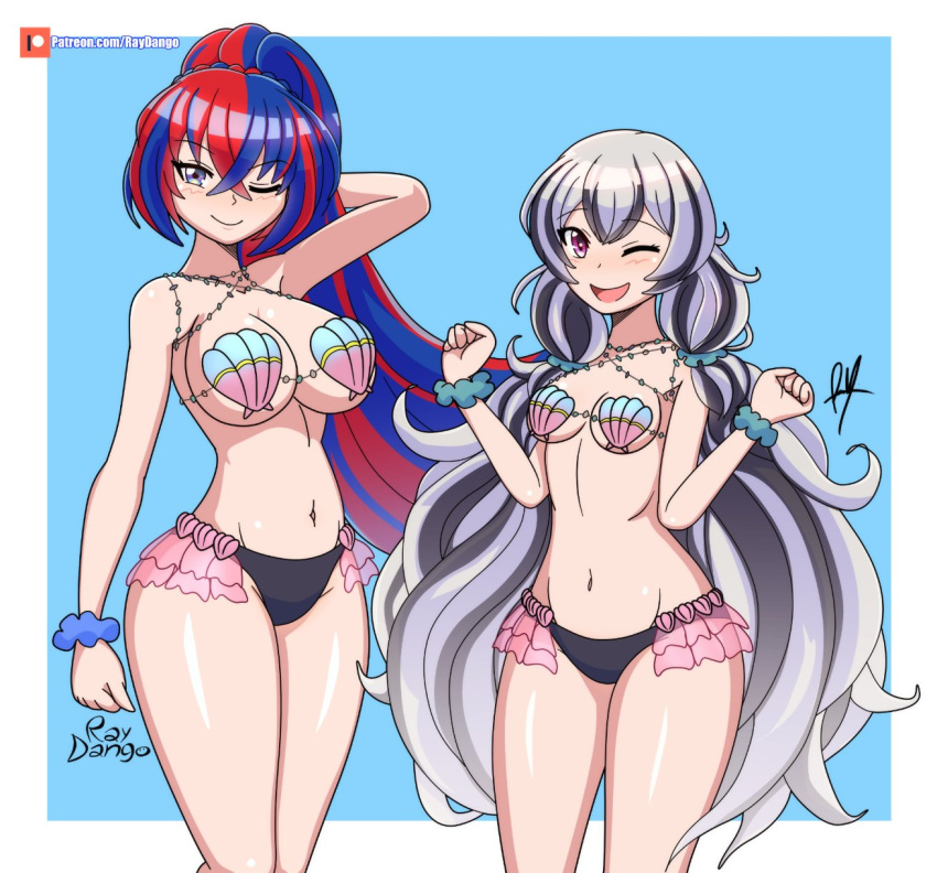 2girls alear_(female)_(fire_emblem) alear_(fire_emblem) alternate_hairstyle arm_behind_head arm_up artist_name belly bikini black_bikini black_hair blinking blue_background blue_eyes blue_hair blush breasts corrin_(female)_(fire_emblem) corrin_(female)_(fire_emblem)_(cosplay) corrin_(fire_emblem) cosplay fire_emblem fire_emblem_cipher fire_emblem_engage highres horse_tail jewelry large_breasts long_hair looking_at_viewer medium_breasts multicolored_hair multiple_girls navel necklace open_mouth pearl_necklace purple_eyes raydango red_hair seashell shell shell_bikini siblings simple_background sisters smile swimsuit tail twintails two-tone_hair very_long_hair veyle_(fire_emblem) white_hair wide_hips