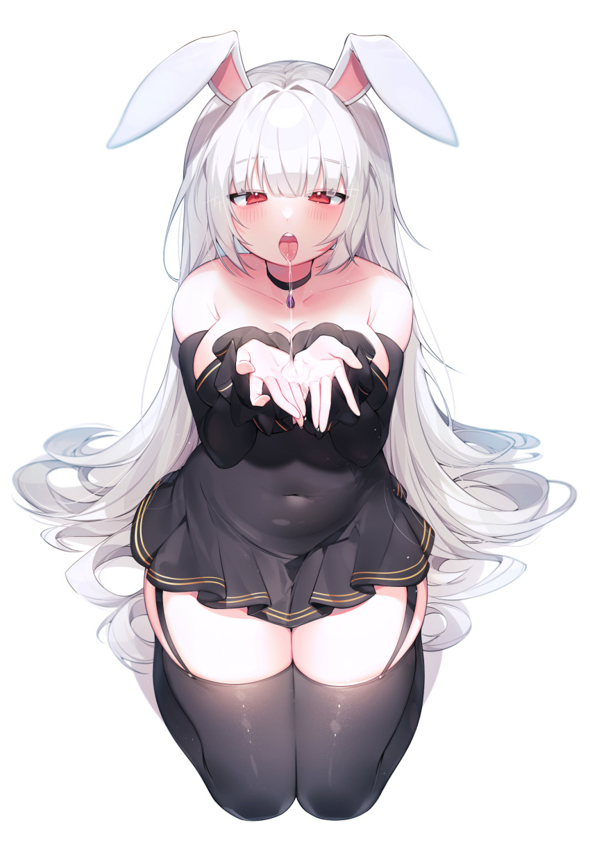 1girl animal_ears bare_shoulders black_choker black_dress black_gloves black_thighhighs blunt_bangs blush breasts choker collarbone commission covered_navel cupping_hands dress drooling elbow_gloves full_body garter_straps gloves hair_spread_out half-closed_eyes hands_up highres long_hair looking_at_viewer medium_breasts open_mouth original own_hands_together pendant_choker pleated_dress rabbit_ears red_eyes saliva saliva_drip saliva_pool seiza sen_light short_dress simple_background sitting skindentation solo straight-on strapless strapless_dress teeth thighhighs tongue upper_teeth_only very_long_hair white_background white_hair