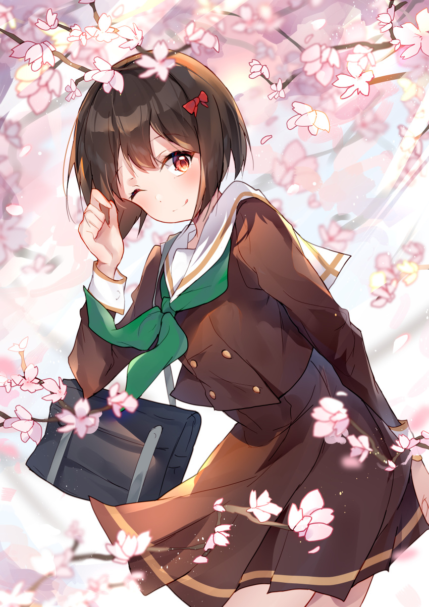 1girl ;) absurdres bag black_hair bow brown_shirt brown_skirt cherry_blossoms commentary_request falling_petals green_neckerchief hair_bow hibike!_euphonium highres hisaishi_kanade kaga_mi kitauji_high_school_uniform leaning_forward neckerchief one_eye_closed outdoors petals pleated_skirt red_bow red_eyes sailor_collar school_bag school_uniform serafuku shirt short_hair skirt smile solo tree white_sailor_collar winter_uniform