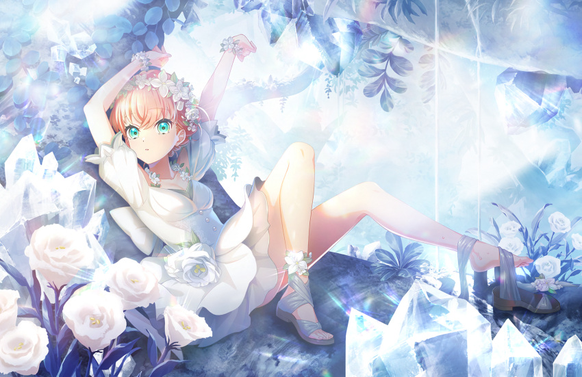 1girl aqua_eyes arms_up back_bow bow breasts cleavage collarbone crystal dress dress_flower flower game_cg head_wreath highres hinoshita_kaho knees_up link!_like!_love_live! looking_at_viewer love_live! medium_breasts official_art orange_hair parted_lips plant puffy_short_sleeves puffy_sleeves sandals short_dress short_hair short_sleeves single_sandal sitting solo third-party_source unworn_sandals updo vines virtual_youtuber white_dress white_flower wrist_flower