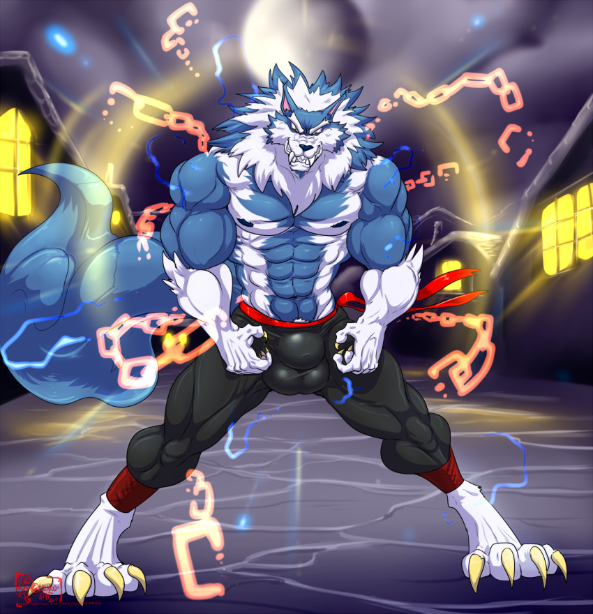 2018 4_toes 5_fingers abs anthro balls biceps blue_fur blue_hair blue_nose blue_skin bulge canine claws clothed clothing darkstalkers eyebrows flexing full_moon fur gloves_(marking) grin hair hungothenomster jon_talbain looking_at_viewer male mammal mane markings moon multicolored_hair multicolored_skin muscular muscular_male muscular_thighs neck_tuft night nipples pants pecs penis_shaped_sbulge pubes sharp_teeth smile socks_(marking) solo standing teeth tight_clothing toes topless tuft two_tone_hair two_tone_skin video_games were werewolf white_hair white_skin yellow_eyes