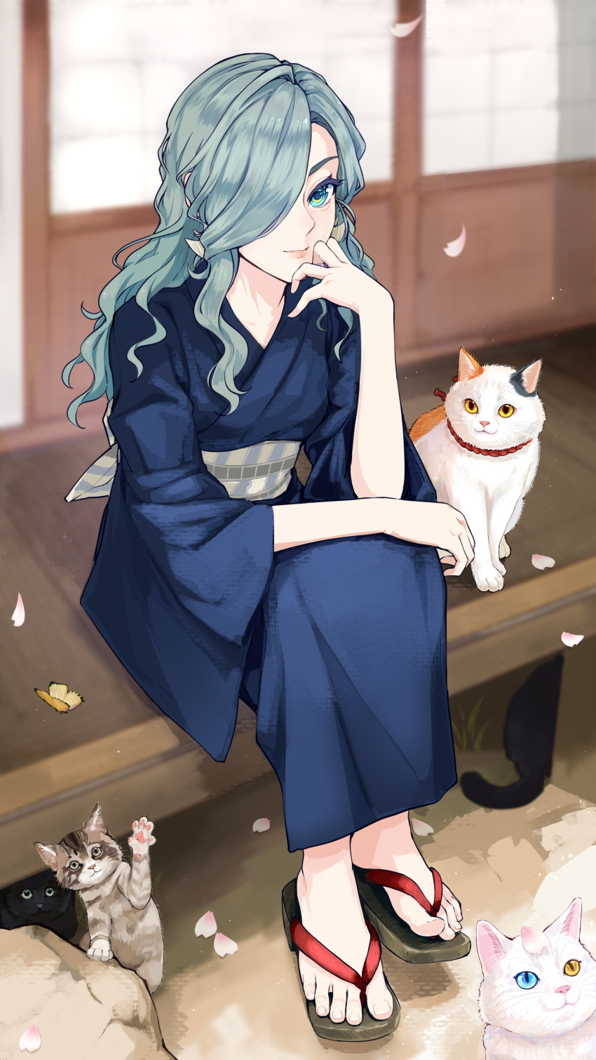 1girl absurdres aqua_eyes aqua_hair beifeng_han black_cat blue_kimono breasts bug butterfly cat chinese_commentary closed_mouth collarbone falling_petals feet full_body grey_cat hair_over_one_eye hand_up highres japanese_clothes kimono long_hair long_sleeves looking_at_viewer mixed-language_commentary obi one_eye_covered original outdoors parted_bangs petals sandals sash shadow sitting small_breasts smile solo swept_bangs toenails toes white_cat wide_sleeves yukata