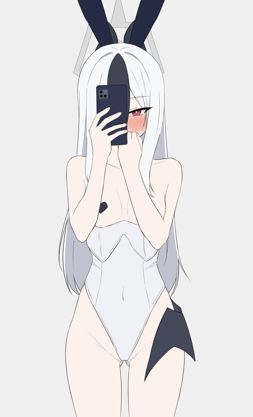 1girl absurdres alternate_costume animal_ears arm_behind_back ass_visible_through_thighs bare_shoulders black_hair blue_archive blush breasts bright_pupils cameltoe cellphone covered_navel covering_own_mouth cowboy_shot demon_wings double-parted_bangs fake_animal_ears genso_(thereisnosauce) grey_background grey_halo hair_between_eyes halo hands_up heart_pasties highleg highleg_leotard highres holding holding_phone kayoko_(blue_archive) leotard leotard_pull long_hair low_wings one_eye_covered pasties phone playboy_bunny ponytail rabbit_ears red_eyes sidelocks simple_background single_wing small_breasts smartphone solo white_hair white_leotard wings