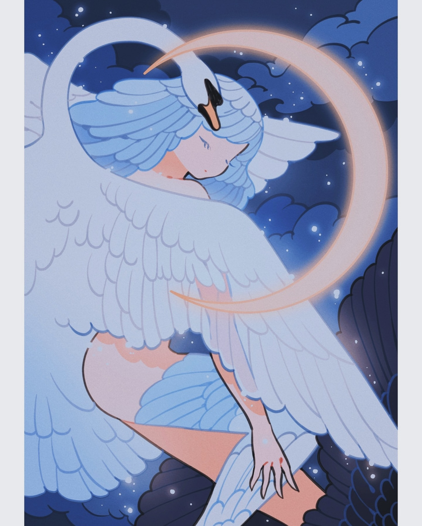 1girl bare_legs bare_shoulders bird bird_girl bird_wings black_feathers blue_clouds closed_eyes cloud crescent_moon feather_hair feathered_wings feathers highres meyoco moon night night_sky original single_sock sky socks swan white_bird white_feathers white_hair wings