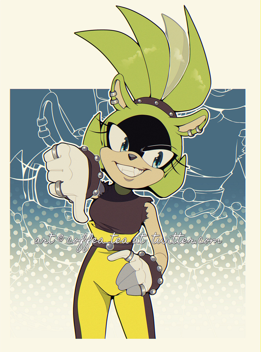 1girl absurdres animal_ear_piercing artist_name black_shirt blue_eyes coffea_tea furry furry_female gloves green_fur grin hand_on_own_hip highres jewelry looking_at_viewer pants ring shirt sleeveless sleeveless_shirt smile solo sonic_(series) sonic_the_hedgehog_(idw) surge_the_tenrec teeth thumbs_down torn_clothes torn_shirt twitter_username watermark web_address white_gloves yellow_pants