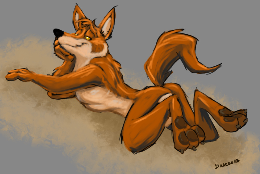 3_toes anthro back_muscles biped black_nose brown_body brown_eyes brown_fur brown_pawpads butt butt_pose canid canine canis claws coyote coyoteville digital_media_(artwork) digital_painting_(artwork) feet feet_up fur grey_background half-closed_eyes head_on_hand looking_at_viewer lying male mammal narrowed_eyes nude on_front pawpads paws pecs pinup pose raised_tail rear_view sean_odesse shaded simple_background smile smiling_at_viewer smirk smirking_at_viewer smug smug_face soles solo stevethedragon tail tan_body tan_fur toe_claws toes yellow_sclera
