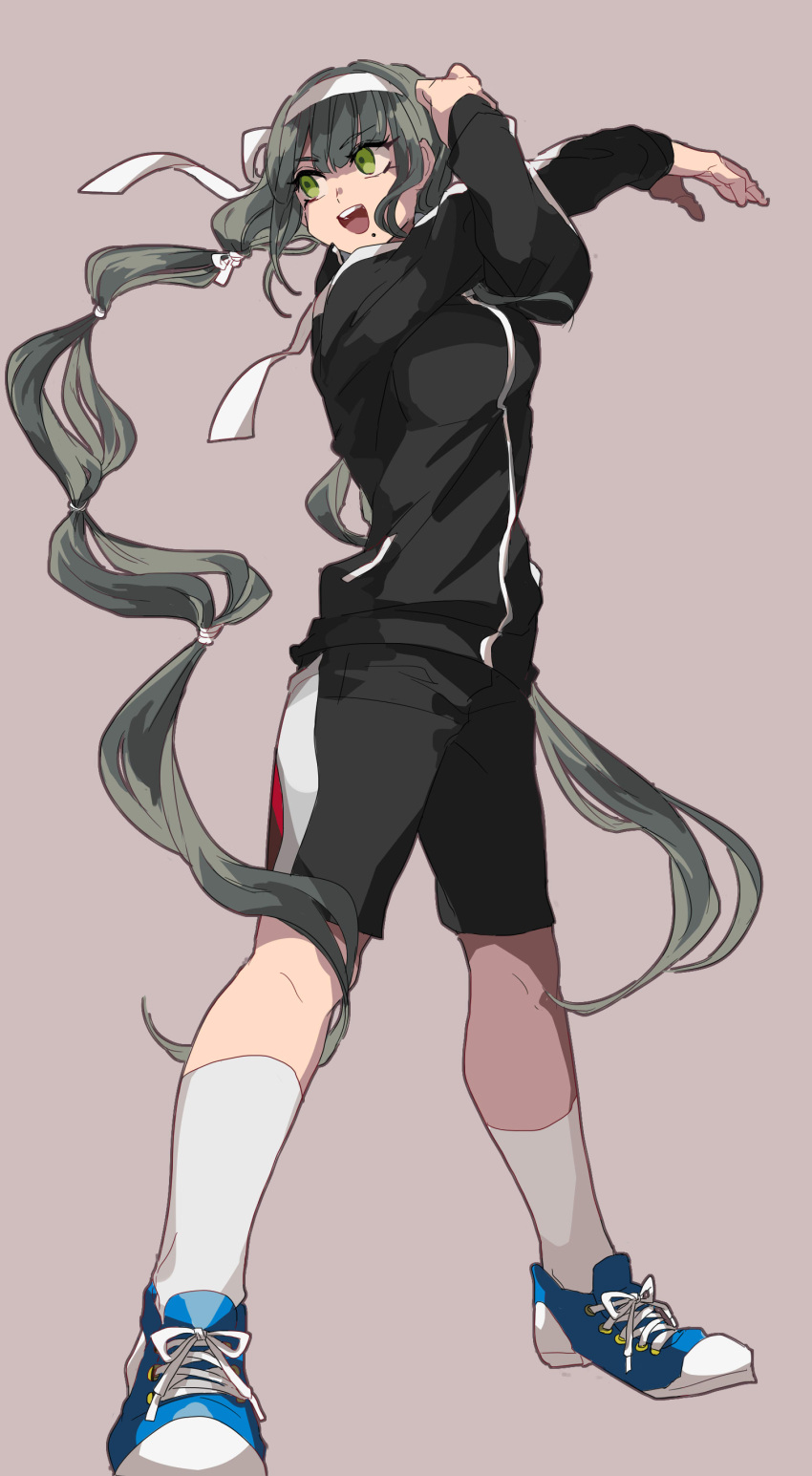 1girl absurdres alternate_costume black_jacket black_shorts black_sleeves blue_footwear brown_background chabashira_tenko commentary_request cross-laced_footwear crossed_arms danganronpa_(series) danganronpa_v3:_killing_harmony eyelashes full_body green_eyes green_hair hair_ribbon hairband highres jacket jersey kneehighs knees long_hair long_sleeves looking_to_the_side low_twintails mi_cha_iru mole mole_under_mouth open_mouth ribbon shoes shorts simple_background sleeves_past_wrists smile sneakers socks solo sportswear stretching teeth twintails upper_teeth_only very_long_hair white_hairband white_ribbon white_socks zipper