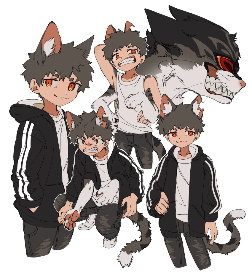 1boy :3 animal animal_ear_fluff animal_ears animal_hands black_jacket black_pants brown_hair cat cat_boy cat_ears cat_tail claws clenched_teeth closed_mouth constricted_pupils denim deviidog0 english_commentary extra_arms full_body hand_on_own_hip hands_in_pockets highres hood hood_down hooded_jacket hoodie jacket jeans looking_at_viewer male_focus monster_boy multiple_views notched_ear orange_eyes original pants puffing_up shirt shoes short_eyebrows short_hair simple_background slit_pupils smile tail tank_top teeth very_short_hair white_background white_shirt