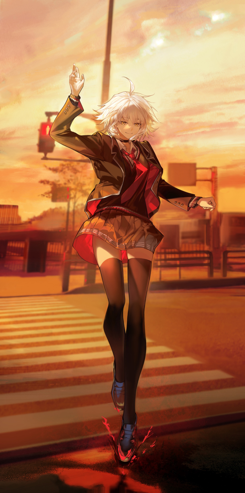 1girl absurdres ahoge arlizi breasts fate/grand_order fate_(series) full_body gradient_sky grey_hair highres jeanne_d'arc_alter_(avenger)_(fate) jeanne_d'arc_alter_(fate) large_breasts long_sleeves orange_sky road school_uniform short_hair skirt sky smile solo street twilight yellow_eyes