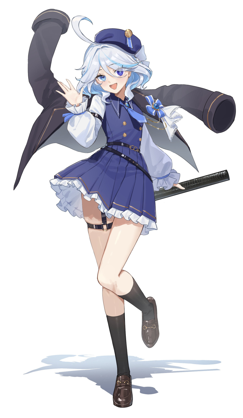 1girl absurdres ahoge alternate_costume belt black_belt black_socks blue_collar blue_dress blue_eyes blue_hair blue_hat brown_footwear collar dress drop-shaped_pupils full_body furina_(genshin_impact) genshin_impact hair_between_eyes highres kneehighs long_sleeves mismatched_pupils moti11kkk29 open_mouth shadow shirt shoes short_hair simple_background smile socks standing standing_on_one_leg symbol-shaped_pupils thigh_strap white_background white_hair white_shirt