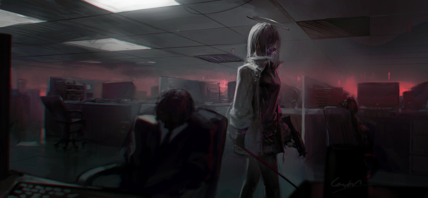 1boy 1girl 1other absurdres black_shirt blurry breasts chair commentary computer cubicle depth_of_field grey_hair gun halo highres holding holding_gun holding_sword holding_weapon indoors jacket lemtun long_hair mask medium_breasts monitor mouth_mask office open_clothes open_jacket original shirt signature sword weapon white_jacket
