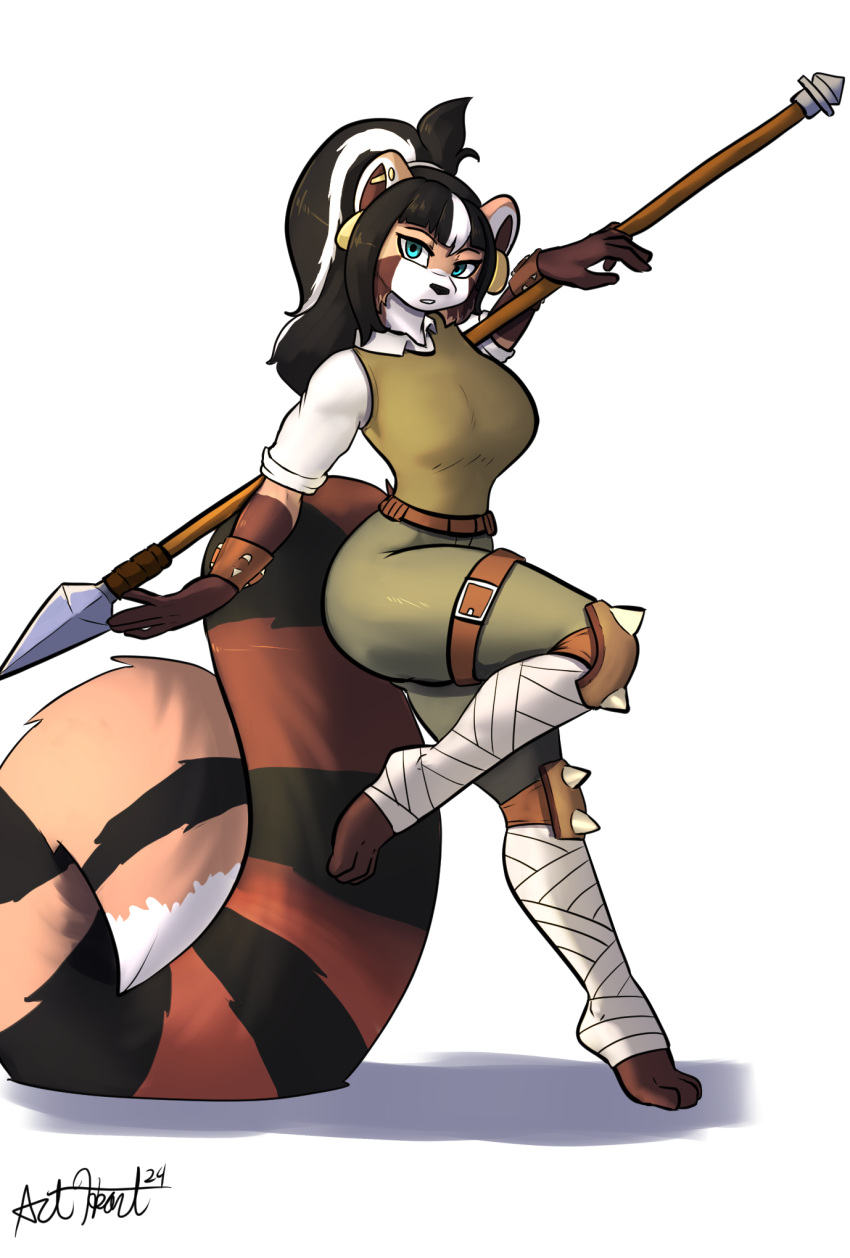 ailurid bear213 black_hair brown_body brown_fur female fur hair hi_res long_hair mammal melee_weapon polearm red_panda spear weapon