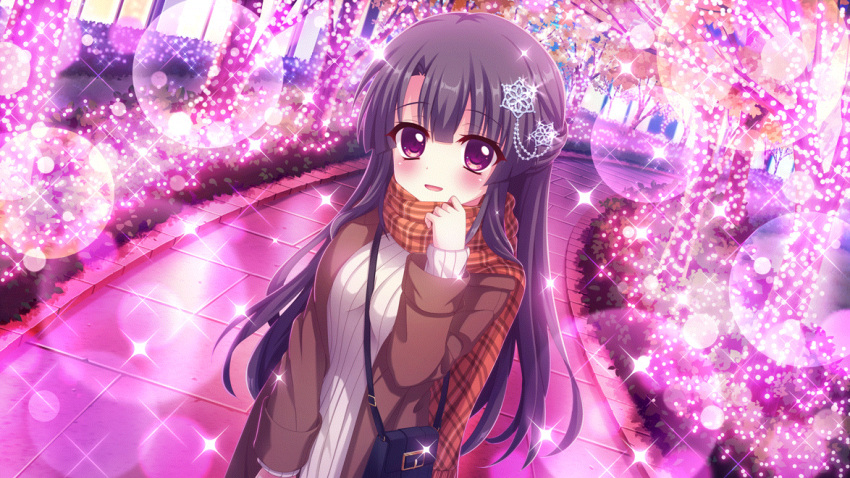 1girl aran_sweater bag black_bag black_hair blush breasts brown_coat bush cable_knit christmas christmas_lights coat dot_nose dutch_angle film_grain game_cg hair_ornament hand_up handbag ichikishima_mizuha izumi_tsubasu large_breasts lens_flare long_hair long_sleeves looking_at_viewer night non-web_source official_art open_mouth orange_scarf outdoors plaid plaid_scarf purple_eyes re:stage! scarf smile snowflake_hair_ornament solo sparkle stone_walkway straight_hair sweater tree
