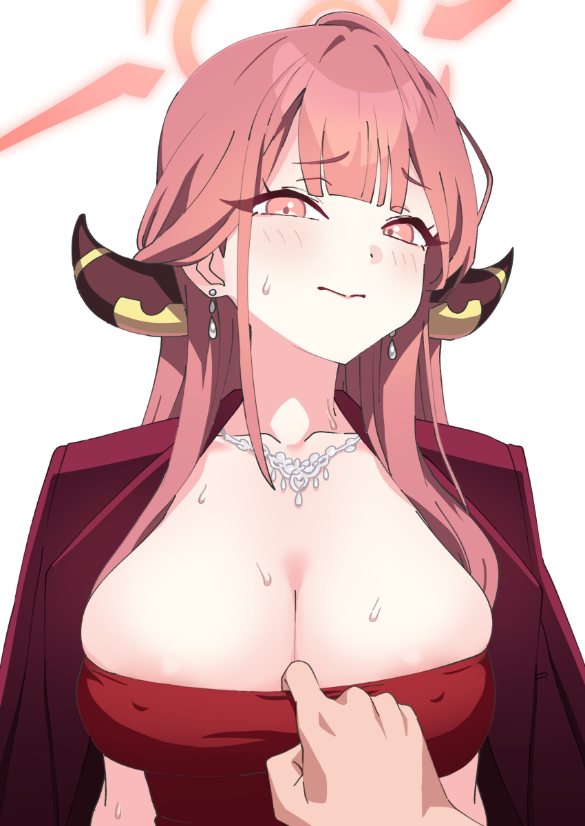 1girl absurdres aru_(blue_archive) aru_(dress)_(blue_archive) blue_archive blush breasts cleavage closed_mouth coat coat_on_shoulders dress earrings halo highres horns jewelry large_breasts long_hair looking_at_viewer necklace oinari_(koheihei1109) pink_eyes pink_hair pink_halo pov pov_hands red_dress simple_background solo_focus strapless sweat upper_body white_background