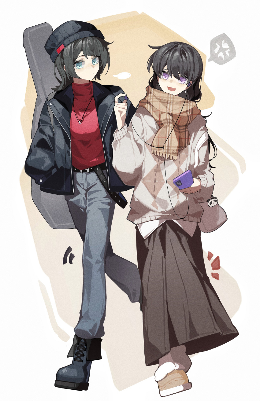 2girls absurdres anger_vein bang_dream! bang_dream!_it's_mygo!!!!! belt black_beanie black_belt black_footwear black_hair black_jacket blue_pants boots brown_scarf brown_skirt cellphone closed_mouth commentary earphones earrings full_body green_eyes grey_sweater hair_between_eyes hand_in_pocket haobuguniao hashtag-only_commentary highres holding holding_phone instrument_case instrument_on_back jacket jewelry long_hair long_skirt long_sleeves medium_hair mole mole_under_eye multiple_girls open_clothes open_jacket open_mouth panda_ornament pants phone plaid plaid_scarf purple_eyes red_shirt scarf shiina_taki shirt skirt smartphone spoken_anger_vein sweater turtleneck unmoving_pattern white_background yahata_umiri