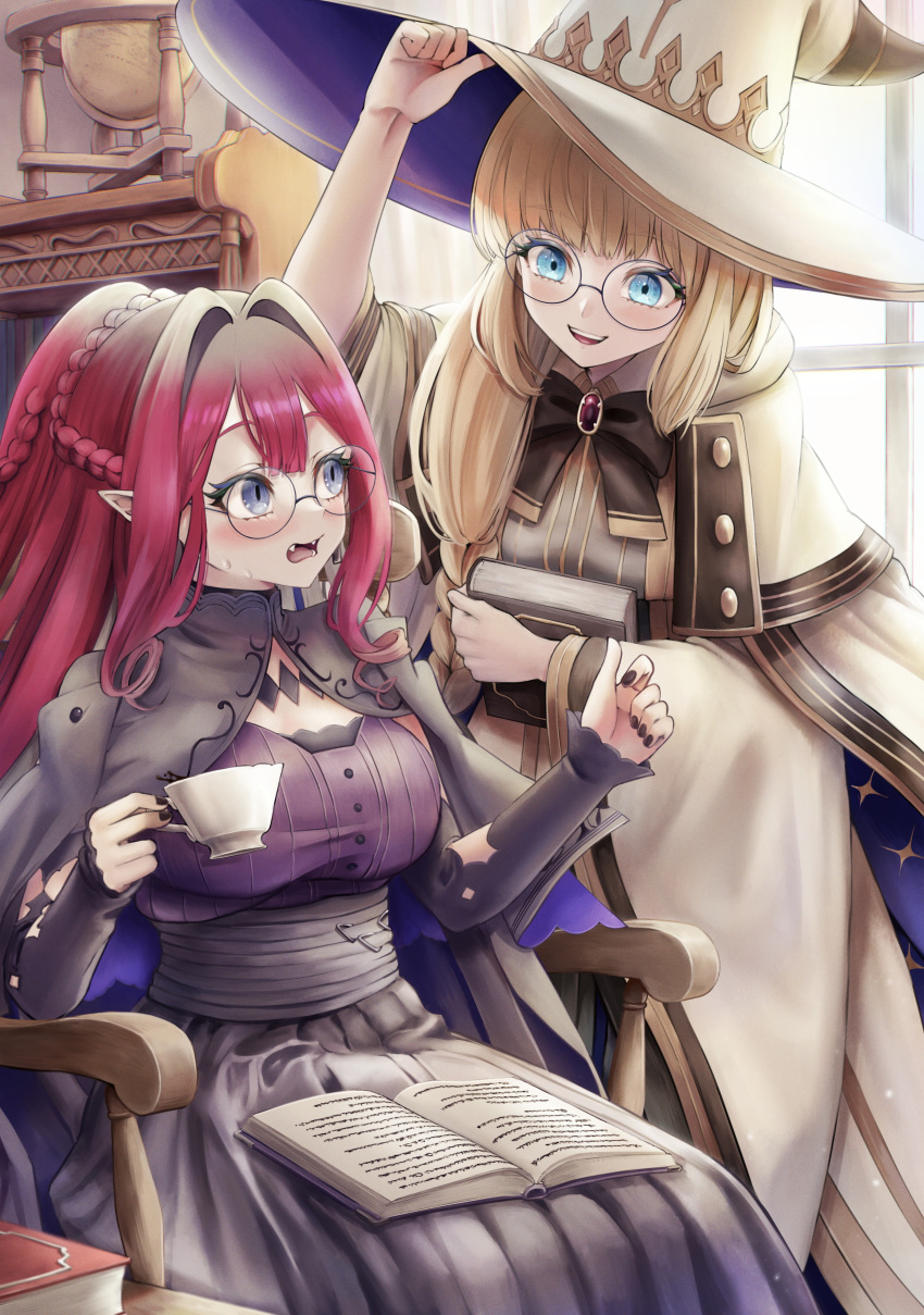 2girls :o absurdres aesc_(fate) baobhan_sith_(fate) baobhan_sith_(swimsuit_pretender)_(fate) baobhan_sith_(swimsuit_pretender)_(second_ascension)_(fate) black_nails blonde_hair blue_eyes blush book book_on_lap braid breasts chair cloak dress essan0905 fangs fate/grand_order fate_(series) glasses hat highres large_breasts long_hair multiple_girls nail_polish open_book pointy_ears ponytail purple_dress purple_eyes red_eyes round_eyewear sitting slit_pupils white_cloak white_hat window witch_hat