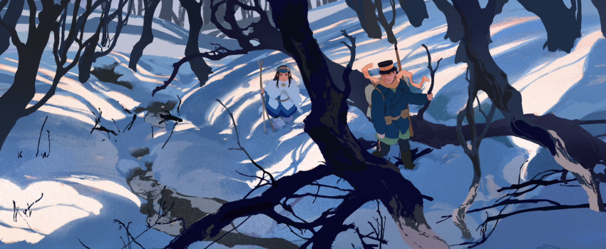 1boy 1girl asirpa backpack bag bare_tree belt_pouch blue_jacket brown_scarf cane coat forest fur_coat gkyoyo00 golden_kamuy gun gun_on_back hat highres jacket japanese_clothes long_sleeves military_hat nature pants pouch rifle scar scar_on_face scarf scenery shadow snow snowscape sugimoto_saichi tree walking weapon weapon_on_back