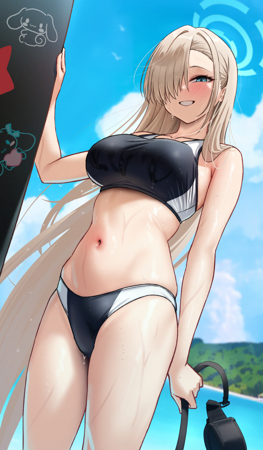 1girl asuna_(blue_archive) bikini black_bikini blue_archive blue_eyes blue_sky breasts cloud hair_over_one_eye halo highres holding large_breasts light_brown_hair long_hair looking_at_viewer navel outdoors parted_lips sky smile solar_(happymonk) solo sports_bikini swimsuit very_long_hair wet white_bikini