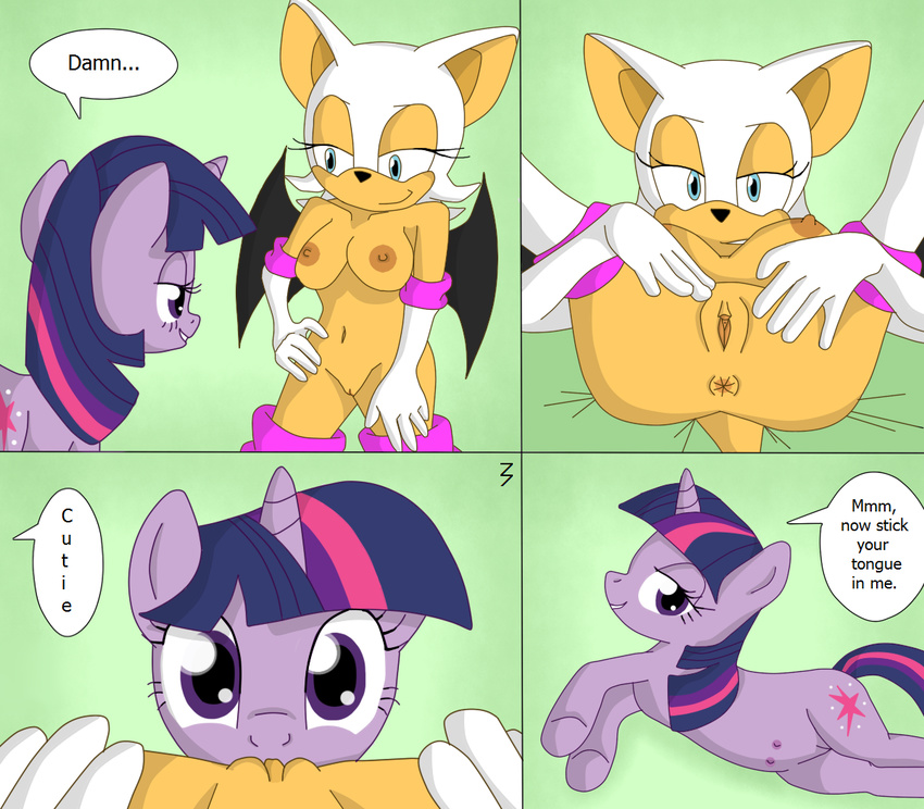 anthro anthro_on_feral anus bat bestiality blue_eyes boots breasts comic cunnilingus equine female feral friendship_is_magic fur hair horn horse interspecies lesbian mammal my_little_pony navel oral oral_sex pony purple purple_eyes purple_fur purple_hair pussy rouge_the_bat sega sex sonic_(series) teats twilight_sparkle_(mlp) unicorn vaginal wings