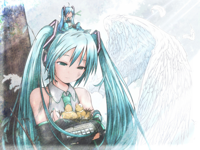 akino_coto aqua_eyes aqua_hair bare_shoulders bird chibi chibi_on_head chick closed_eyes crossed_arms detached_sleeves egg feathers hatching hatsune_miku headset highres leaf light_rays long_hair md5_mismatch necktie nest on_head sitting solo spring_onion sunbeam sunlight twintails vocaloid wings