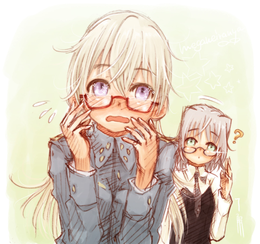 ? bespectacled blonde_hair blue_eyes blush eila_ilmatar_juutilainen glasses long_hair multiple_girls open_mouth ryou_(shirotsumesou) sanya_v_litvyak short_hair strike_witches sweatdrop world_witches_series