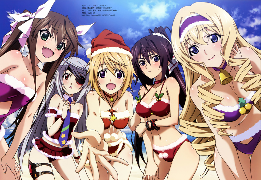 :&lt; :d absurdres ass_visible_through_thighs bell bell_collar bikini black_hair blonde_hair blue_eyes breasts brown_hair cecilia_alcott charlotte_dunois christmas cleavage closed_mouth cloud collar day detached_collar drill_hair eyepatch fang flat_chest green_eyes hair_ribbon hairband hands_on_thighs hashimoto_takayoshi highres holding_arm holster huang_lingyin infinite_stratos jewelry laura_bodewig long_hair medium_breasts megami multiple_girls navel necktie official_art open_mouth pendant pom_pom_(clothes) ponytail purple_eyes reaching red_eyes ribbon scan shinonono_houki short_hair silver_hair sky small_breasts smile star swimsuit thigh_holster v-shaped_eyebrows wristband