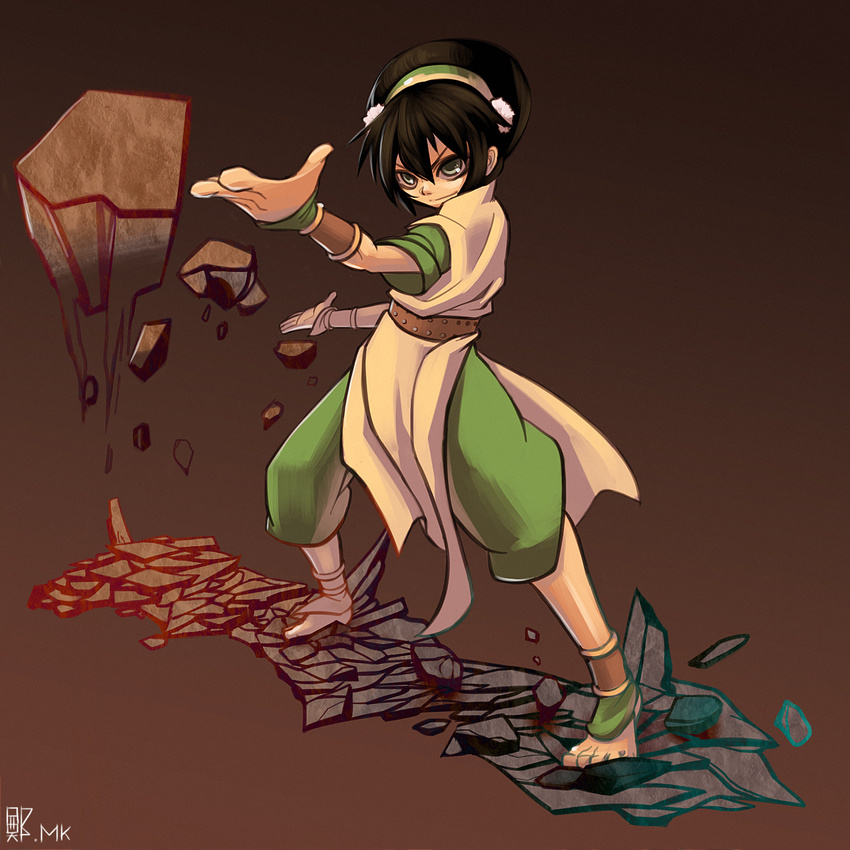 ankle_cuffs avatar:_the_last_airbender avatar_(series) bad_id bad_pixiv_id barefoot black_hair chinese_clothes element_bending grey_eyes hair_bun highres jewelry mugcan rock short_hair solo toph_bei_fong