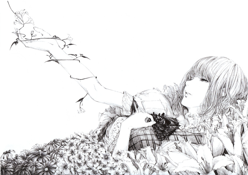 ascot bangs flower flower_bed frills half-closed_eyes hand_on_own_chest kazami_yuuka lily_(flower) lips lying monochrome on_back outstretched_arm parted_lips plaid plaid_vest plant realistic short_hair short_sleeves solo sousou_(sousouworks) touhou upper_body vest vines