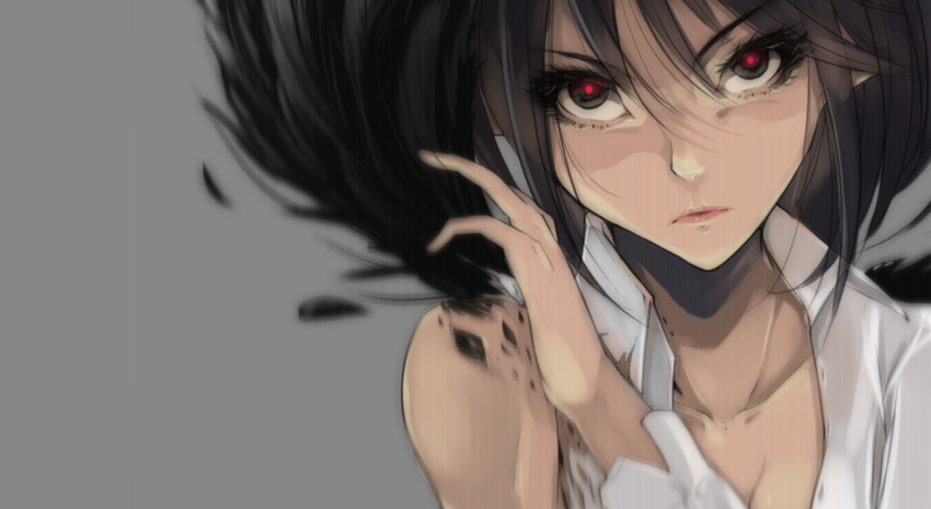 black_hair face lips looking_at_viewer mito_(calcomer) pointy_ears red_eyes serious shameimaru_aya short_hair simple_background solo touhou upper_body