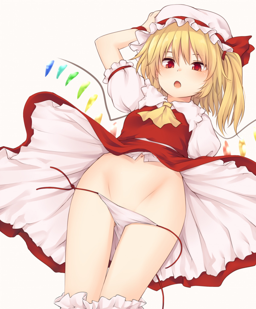 :o arm_up ascot bangs blonde_hair bloomers bloomers_pull blush bow breasts commentary_request cowboy_shot crystal dutch_angle eyebrows_visible_through_hair fangs flandre_scarlet frilled_shirt_collar frills from_below gluteal_fold grey_background groin hair_between_eyes hair_tie hand_on_headwear hat hat_ribbon highres long_hair looking_at_viewer miyo_(ranthath) mob_cap navel one_side_up panties petticoat puffy_short_sleeves puffy_sleeves red_eyes red_ribbon red_skirt red_vest ribbon shirt short_sleeves side-tie_panties simple_background skirt skirt_set small_breasts solo standing stomach thighs touhou underwear untied untied_panties vest white_bloomers white_hat white_panties white_shirt wings wristband yellow_neckwear