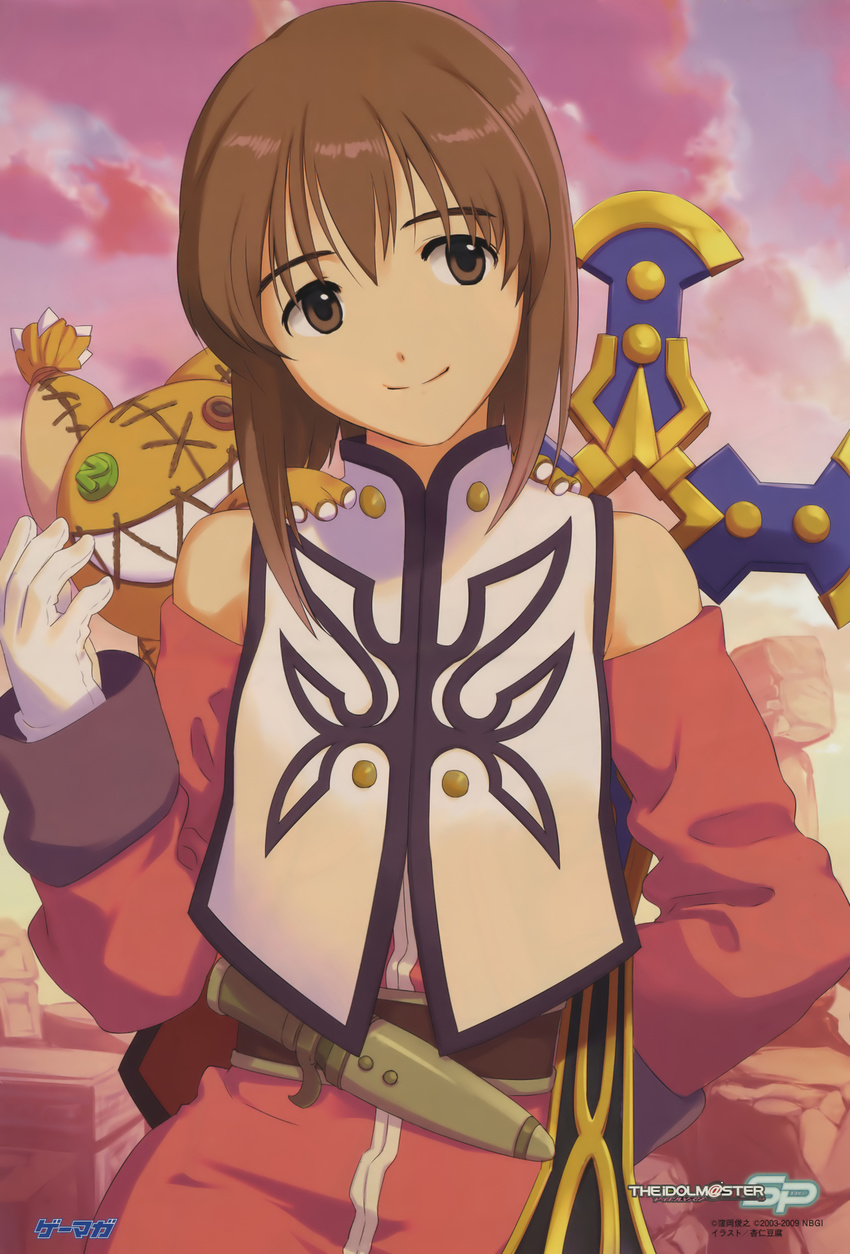 absurdres anise_tatlin anise_tatlin_(cosplay) annindoufu_(oicon) bob_cut brown_eyes brown_hair company_connection cosplay detached_sleeves gloves hagiwara_yukiho highres idolmaster idolmaster_(classic) official_art scan short_hair smile solo tales_of_(series) tales_of_the_abyss tokunaga