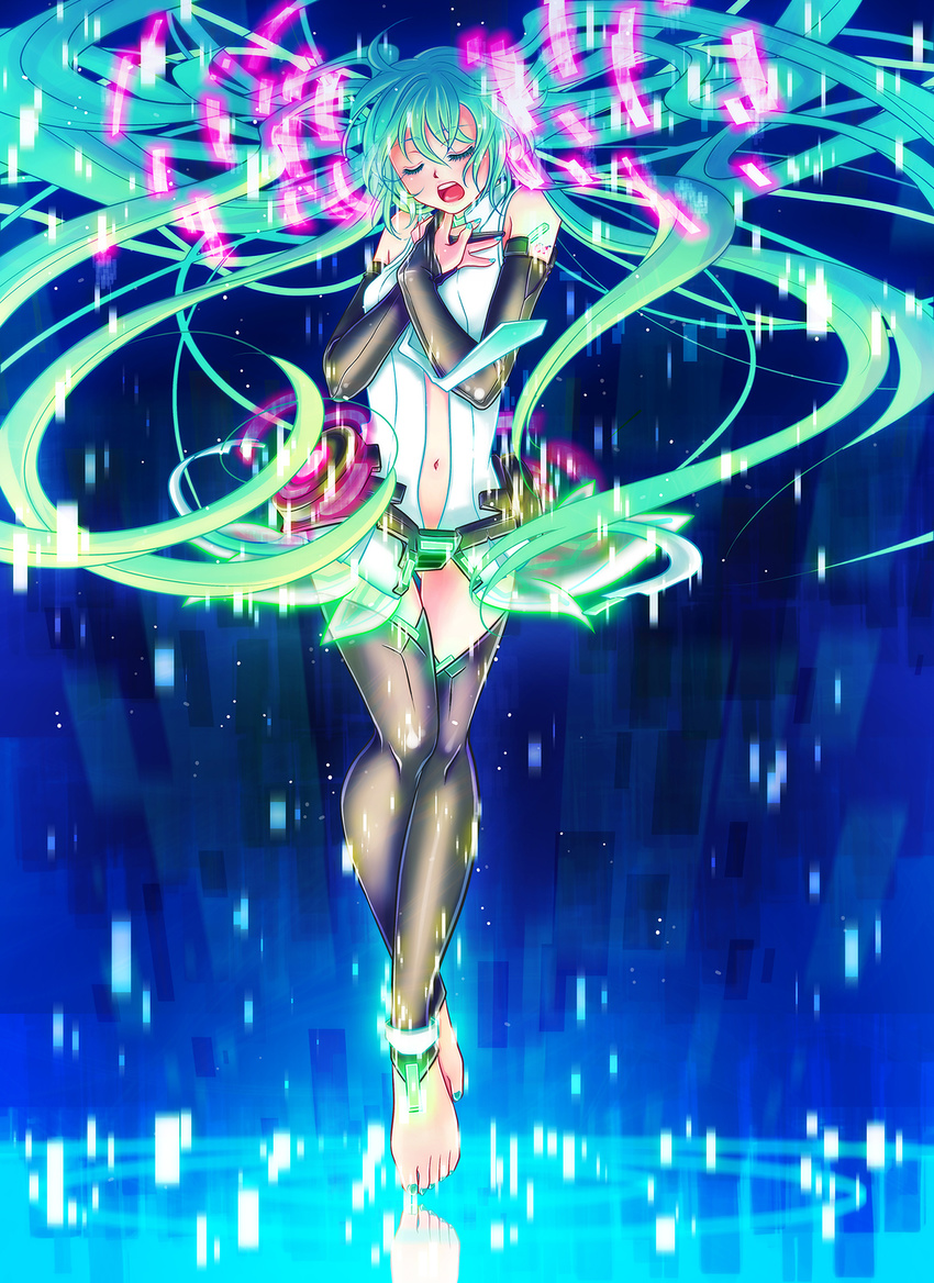 anklet bad_id bad_pixiv_id barefoot bridal_gauntlets center_opening closed_eyes feet floating_hair green_hair hands_on_own_chest hatsune_miku hatsune_miku_(append) highres jewelry long_hair navel necktie open_mouth rectangle reflection sha solo thighhighs twintails very_long_hair vocaloid vocaloid_append