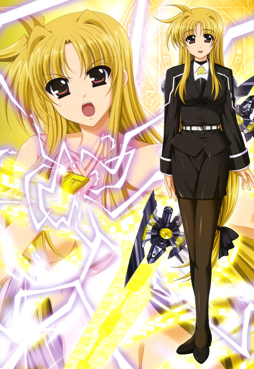 absurdres bardiche blonde_hair breasts censored cleavage convenient_censoring fate_testarossa higa_yukari highres long_hair low-tied_long_hair lyrical_nanoha mahou_shoujo_lyrical_nanoha_strikers medium_breasts military military_uniform non-web_source nude official_art open_mouth pantyhose pencil_skirt red_eyes skirt tsab_executive_military_uniform underboob uniform