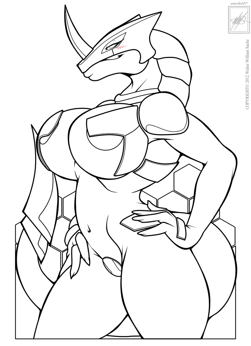 absurd_res angela-45 big_breasts big_thighs black_and_white blush breasts claws clothed clothing cyborg dragon female gynoid hand_on_hip hi_res horn line_art looking_at_viewer machine mechanical monochrome navel skimpy smile solo standing thick_tail thick_thighs unconvincing_armor voluptuous walter_sache