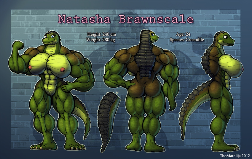 abs back biceps big_breasts blue_eyes breasts butt crocodile female flexing front huge_breasts invalid_tag model_sheet muscles muscular_female nipples nude pussy reptile scalie smile solo thematelija thematelija_(artist)