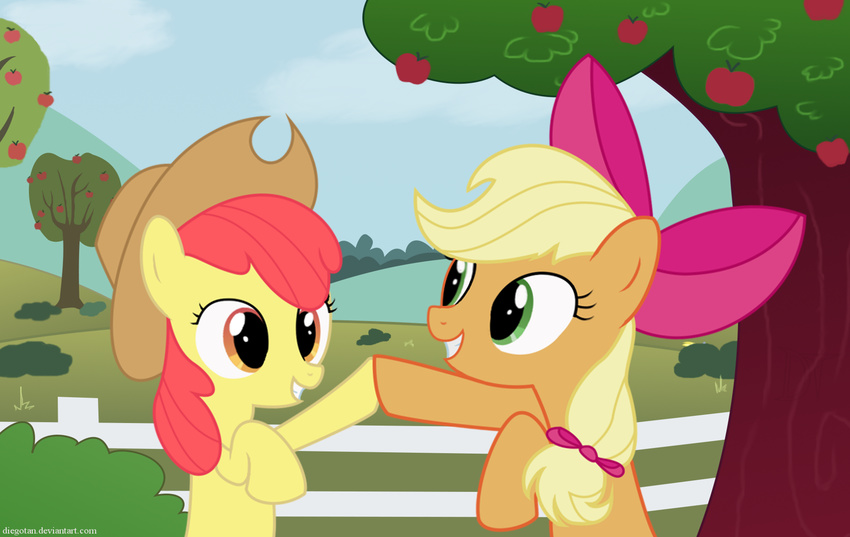 apple apple_bloom_(mlp) apple_tree applebloom_(mlp) applejack_(mlp) blonde_hair bow brohoof bush couple cowboy_hat cub diegotan equine female fence feral friendship_is_magic fruit green_eyes grin hair hat hi_res horse mammal my_little_pony orange_body orange_eyes pony red_hair sibling siblings sisters tree wallpaper wood yellow_body young